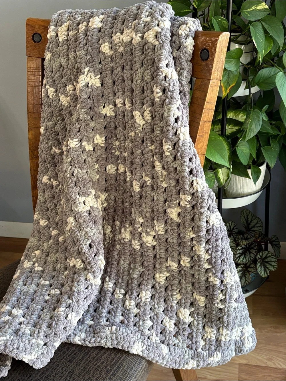 Cozy Gray & Cream Chunky Chenille Hand-Crocheted Throw Blanket
